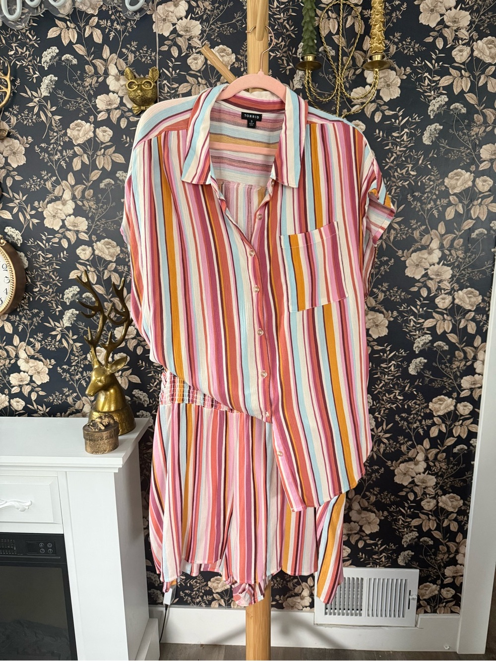 2-Piece Set: Striped Button-Front Top & Matching Shorts